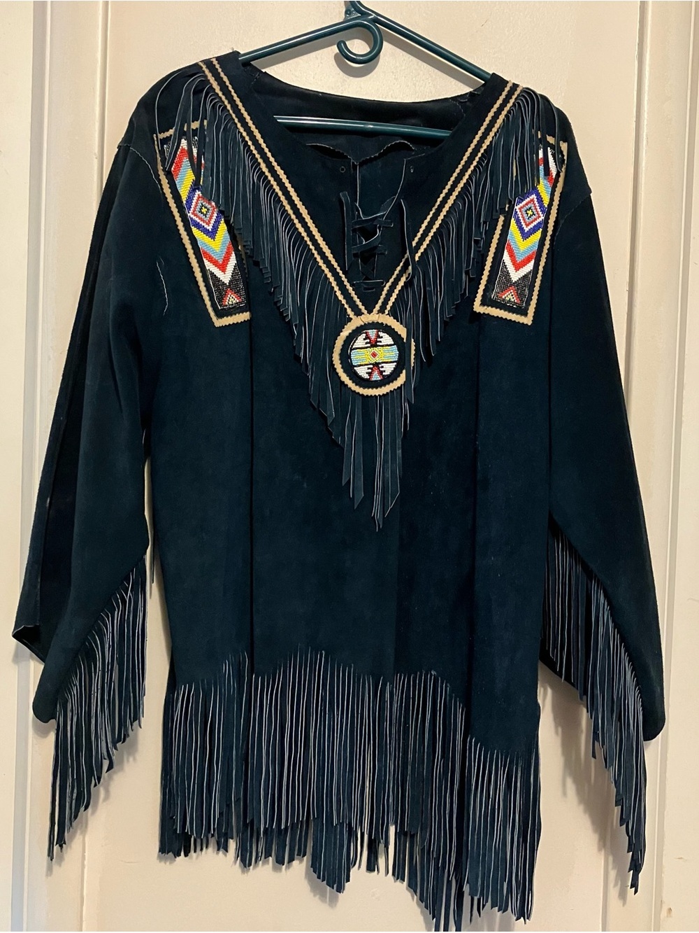 HANDMADE GREEN SUEDE FRINGE BEADED JACKET SHIRT PULLOVER 24” pit to pit